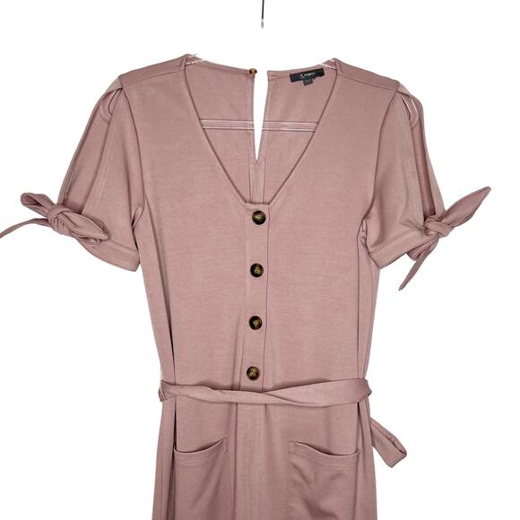 &MERCI Button Front Jumpsuit V-Neck Short Sleeve Belted Wide Leg Pink Size Small - Picture 3 of 10
